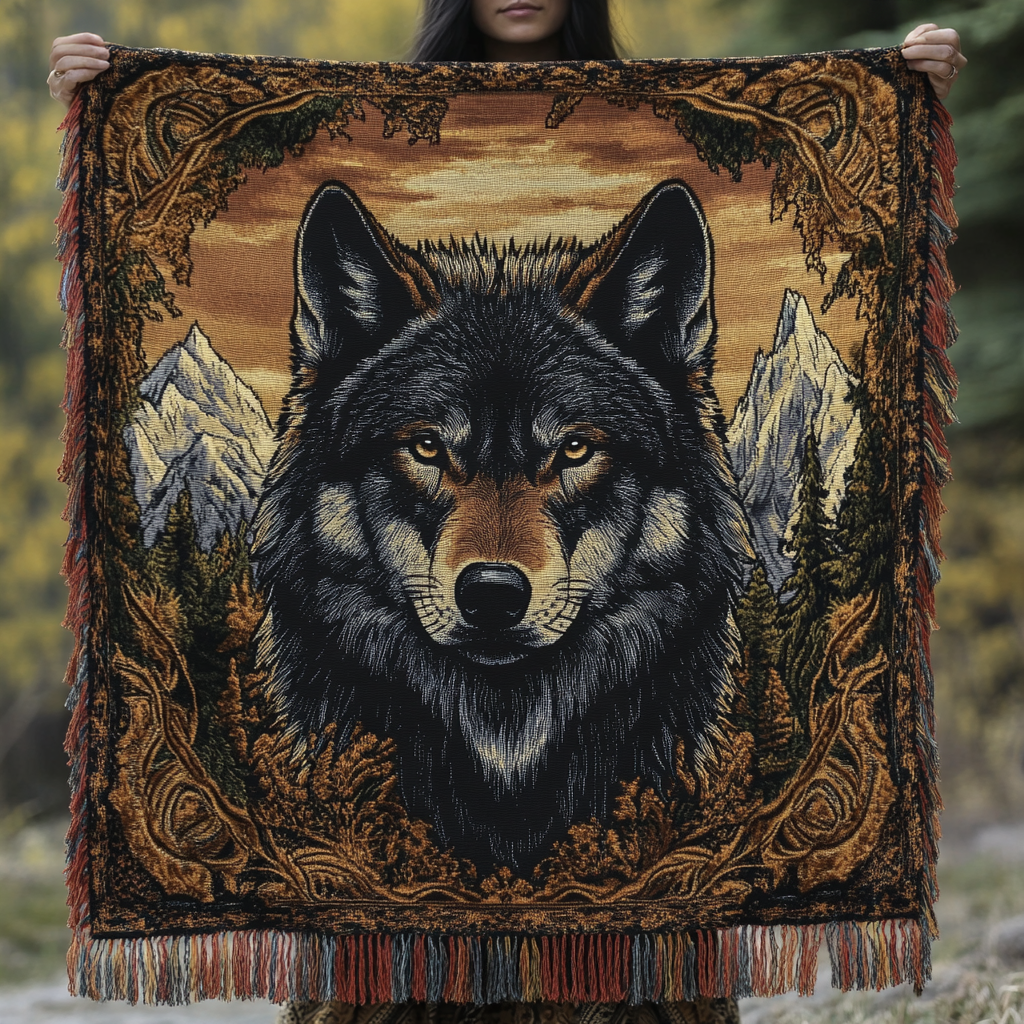 Black Wolf in the Mountains fringed throw – black wolf before snowy mountains