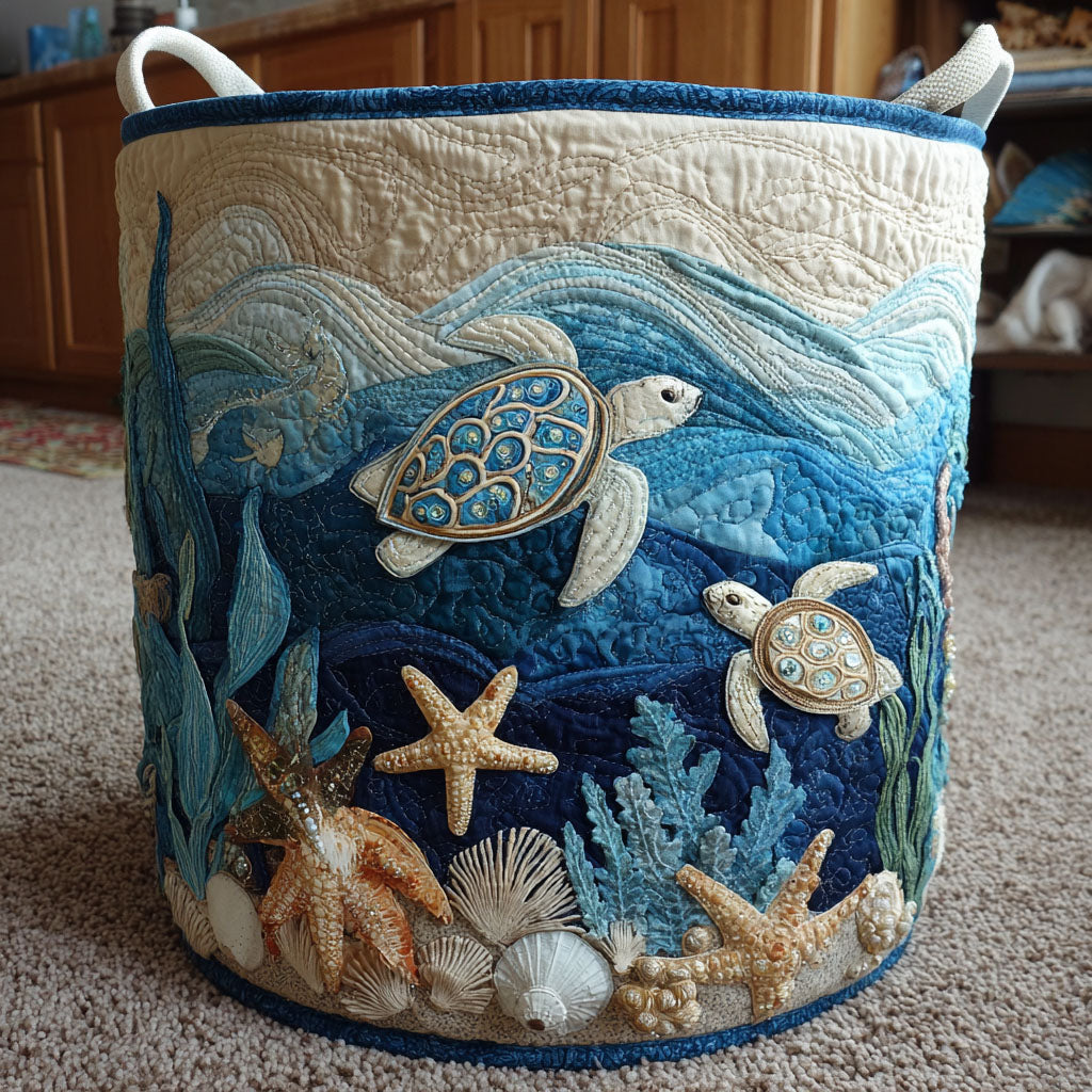 Sea Turtle Lagoon quilted laundry basket – sea turtles and starfish