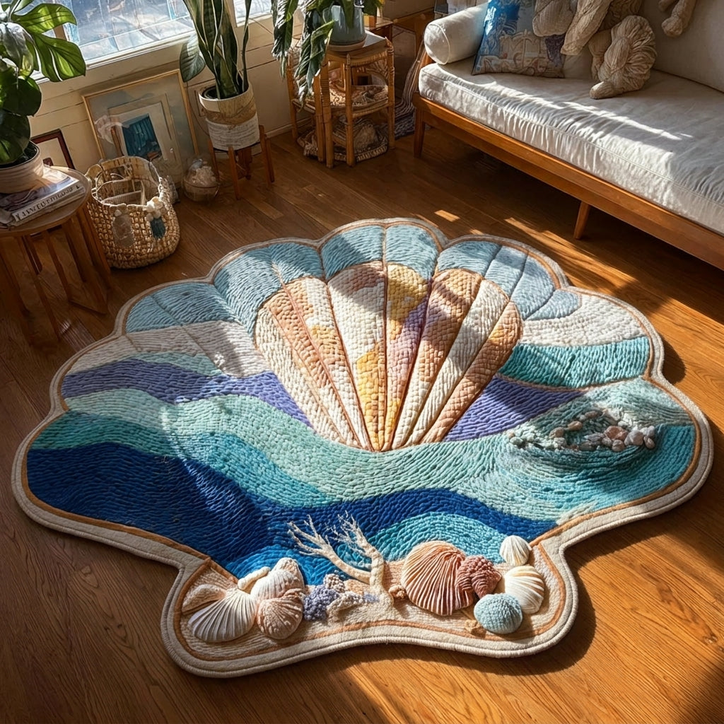Shells and Tides shaped rug – scallop over waves