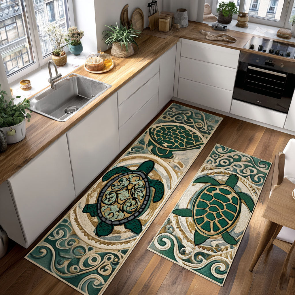 Delicate Shells kitchen mat set – turtles on cream