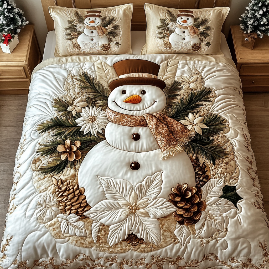 Snowman Wreath quilted bedspread set – snowman in a pine cone wreath on cream