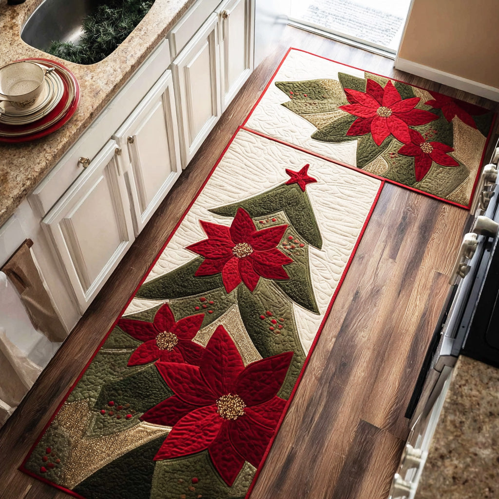 Poinsettia Pine Tree kitchen mat set – tree with poinsettias
