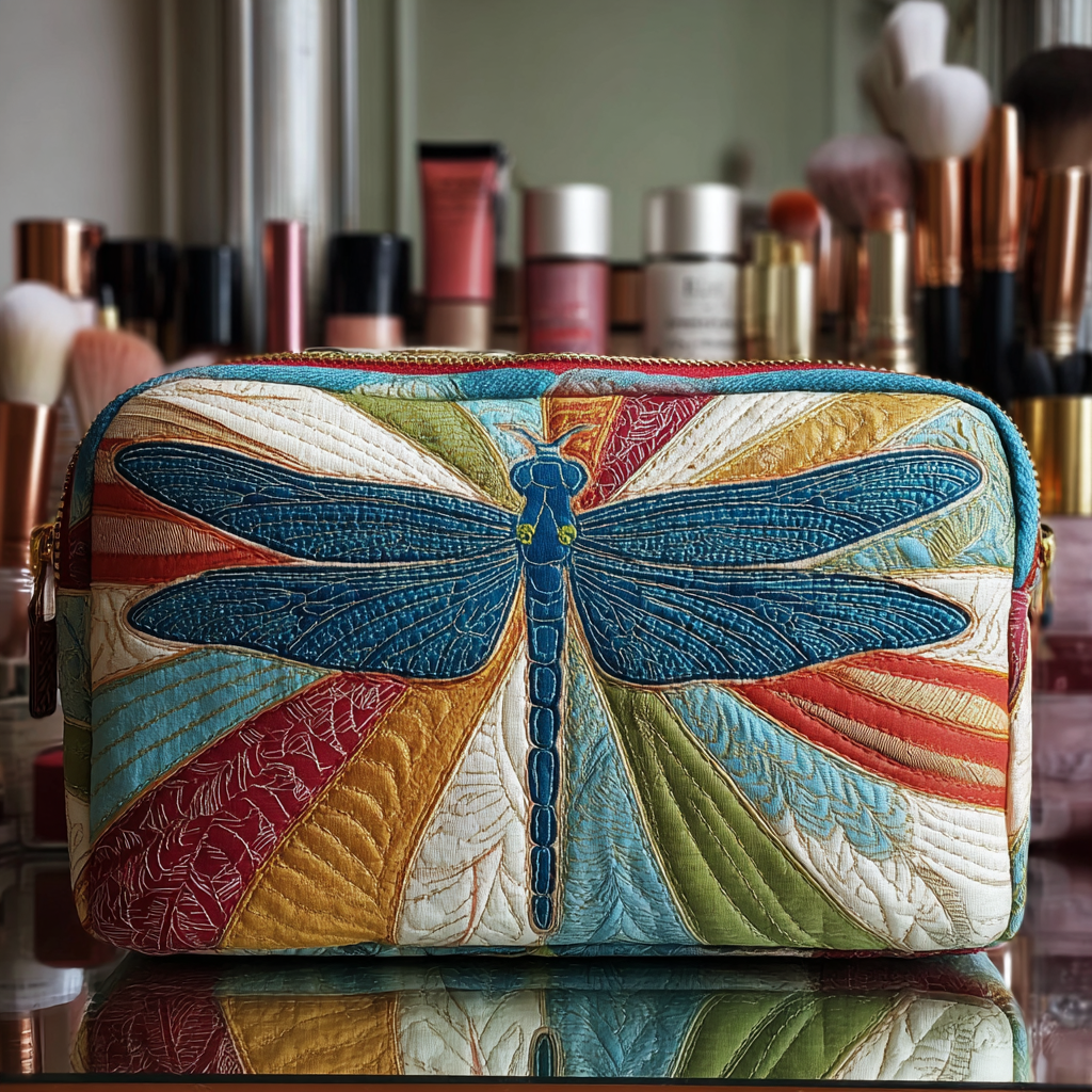 Shining Dragonfly quilted make-up bag with blue dragonfly over sunburst rays of red, gold and green