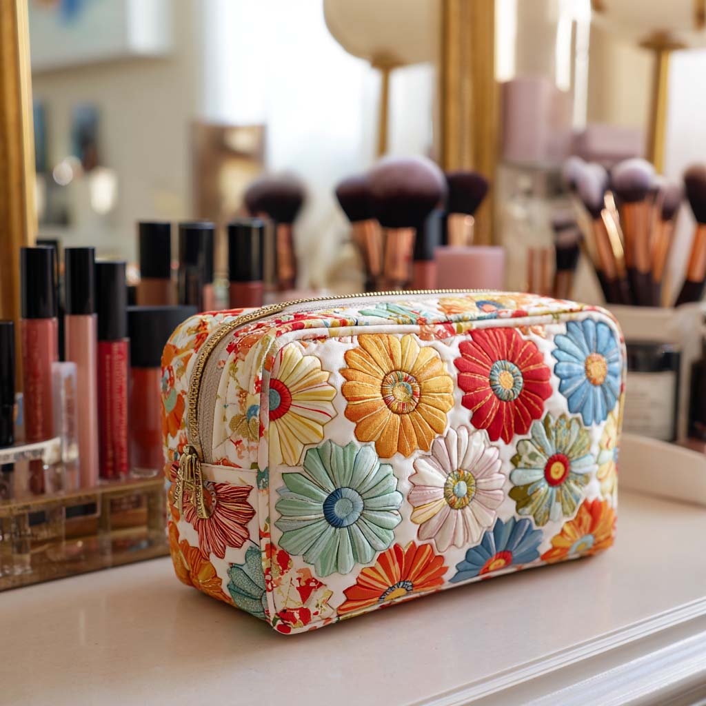 Quilted make-up bag with the Shining Petals design of sunflower heads edged in pale gold that catch the light