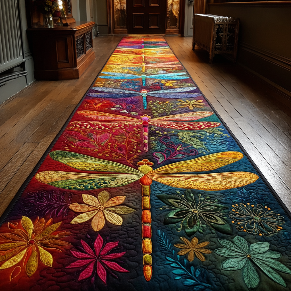 Shimmering Dragonfly hallway runner – golden dragonflies