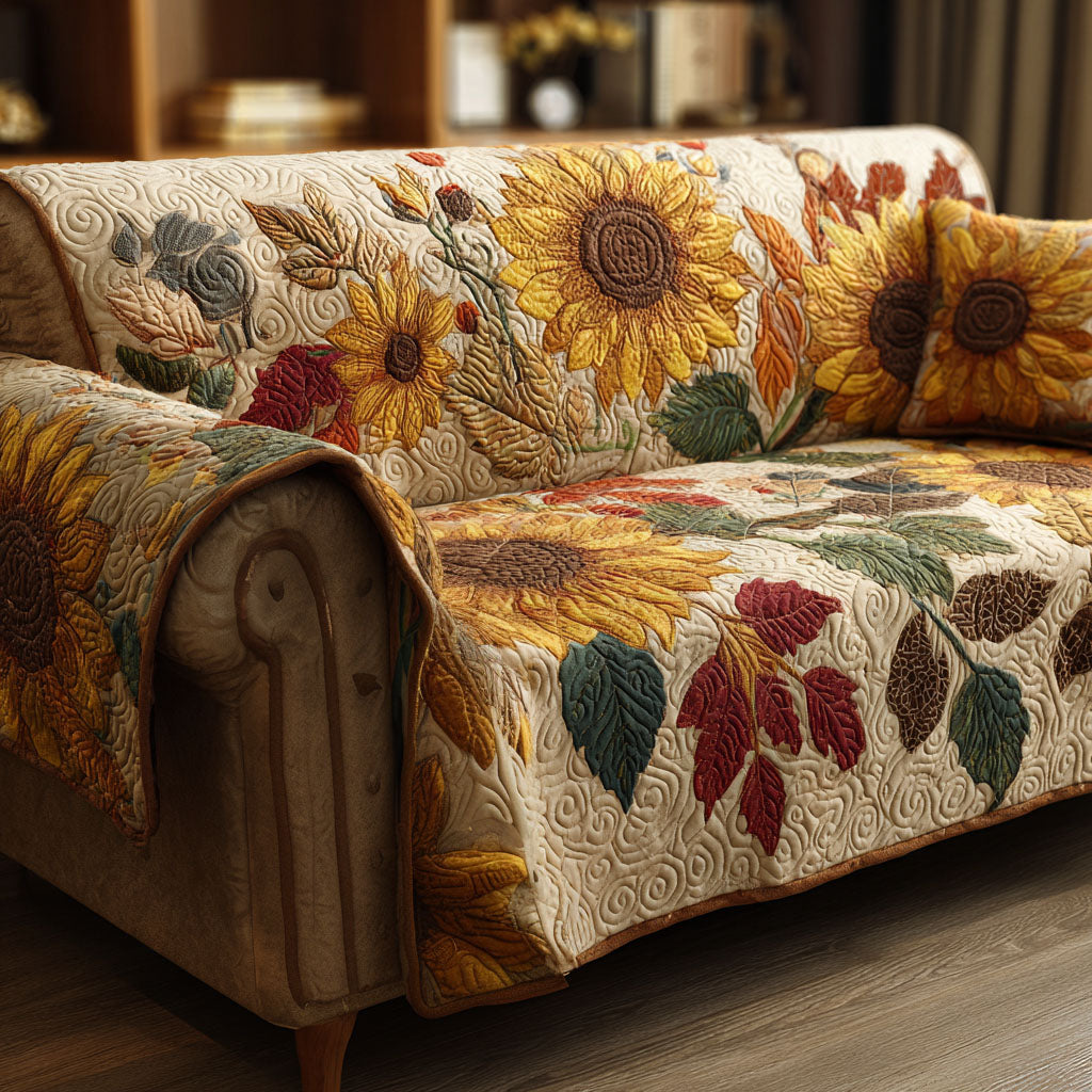 Sunflower Leaves quilted sofa cover – sunflowers and autumn leaves on cream