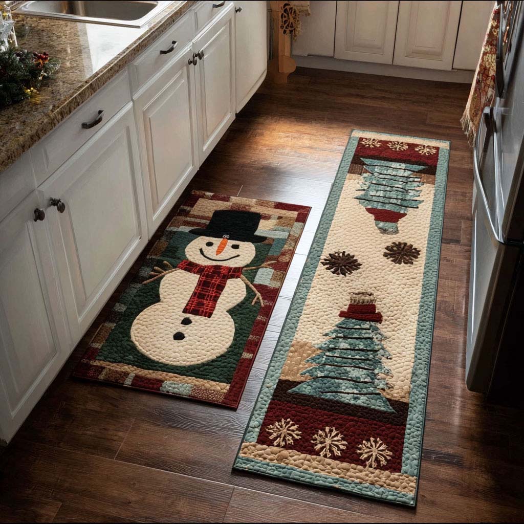 Silent Snowfall kitchen mat set – snowman and patchwork tree