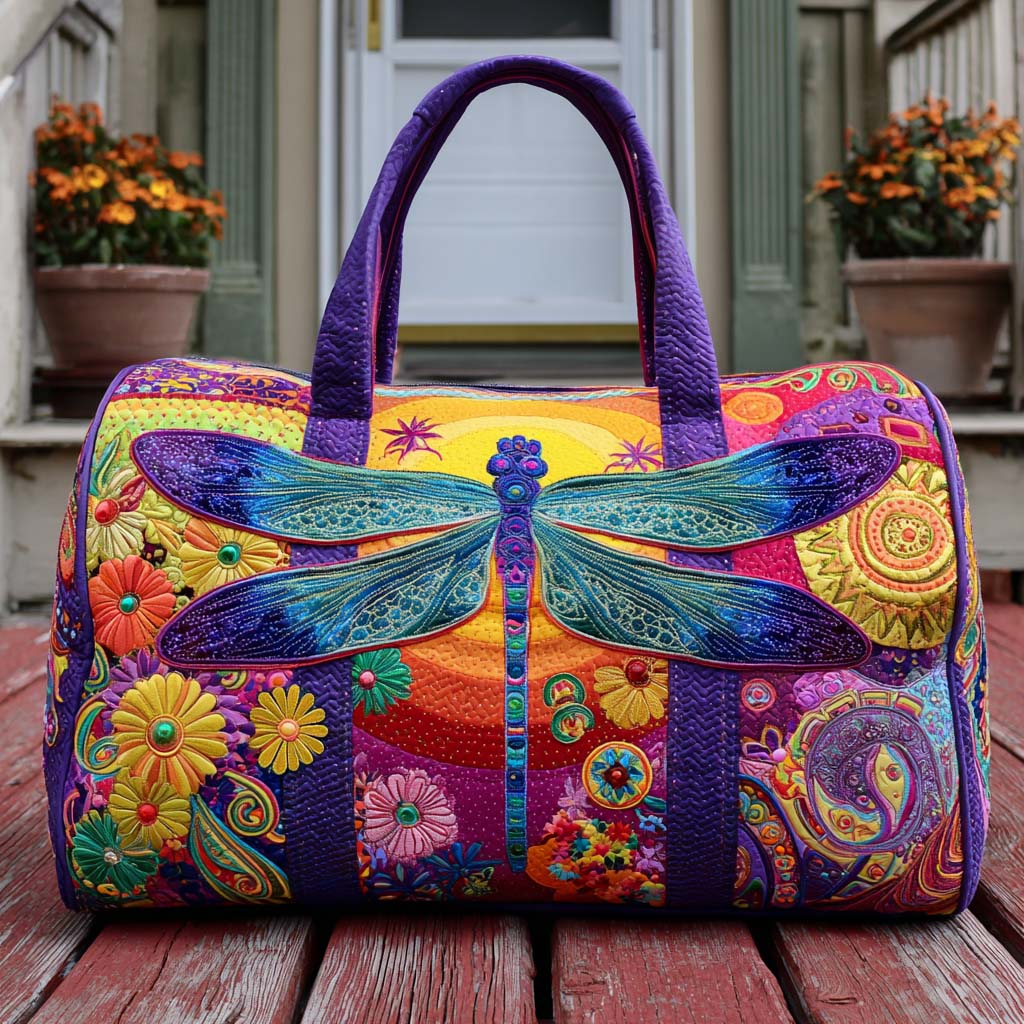 Silken Skies quilted weekend bag – dragonfly at sunset