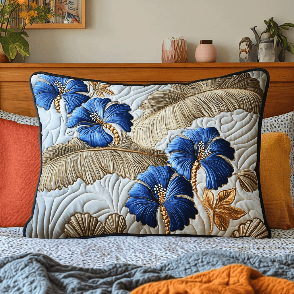 Blue Hibiscus quilted pillowcase – blue hibiscus with cream and gold leaves