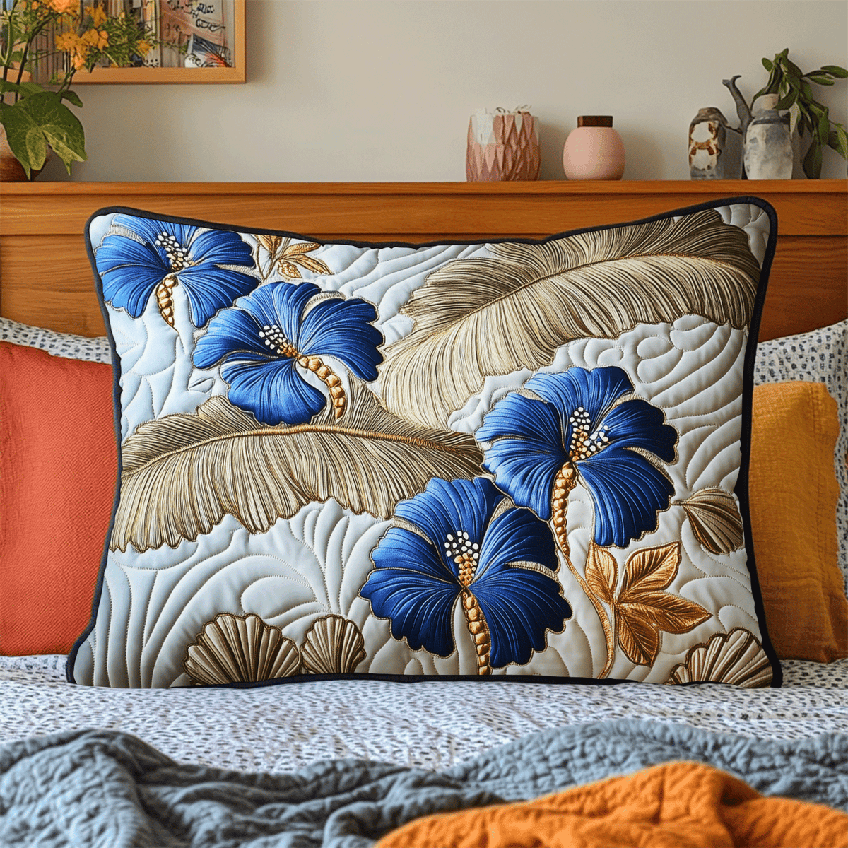 Blue Hibiscus quilted pillowcase – blue hibiscus with cream and gold leaves