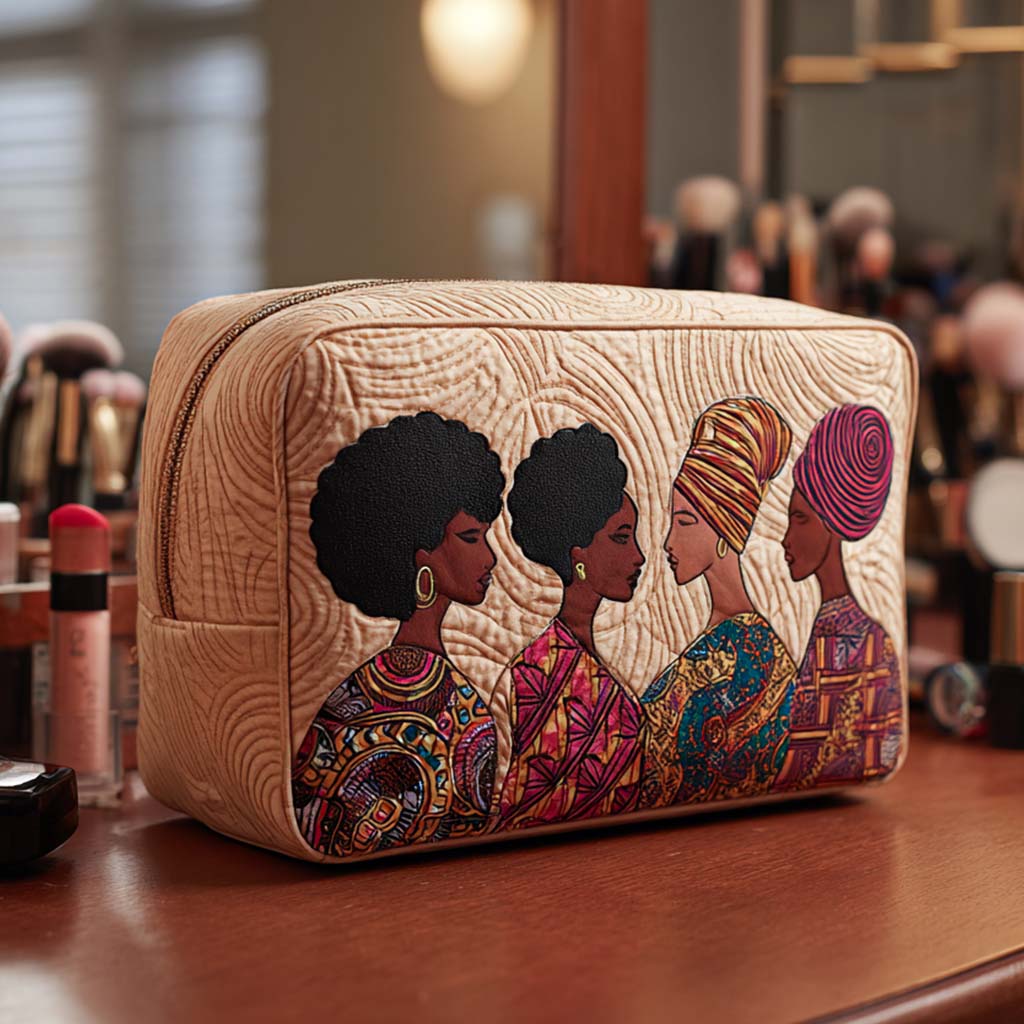 Sisterhood Charm quilted make-up bag with four women side by side in colourful head wraps