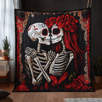 Skeleton Lovers quilted throw – sugar skull lovers beneath red roses