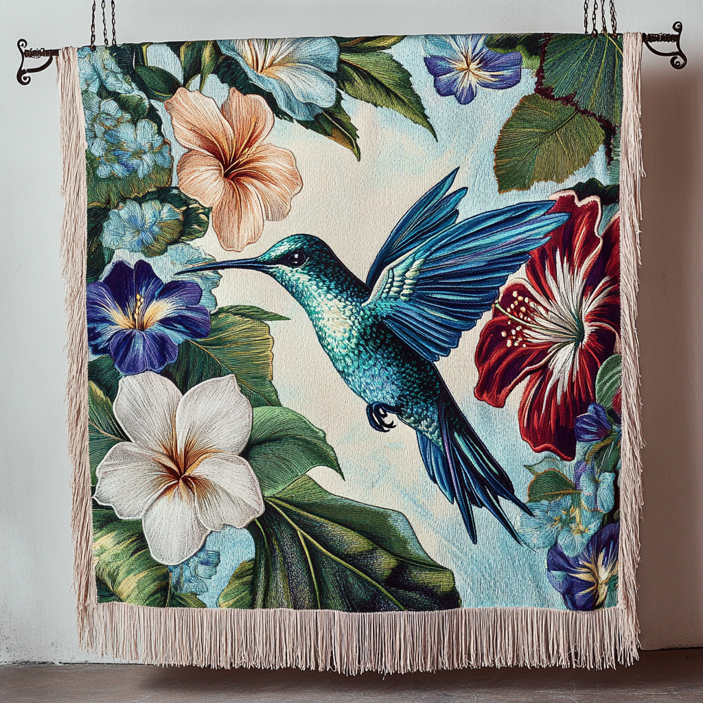 Hummingbird Blossoms woven sofa throw – hummingbird among blossoms