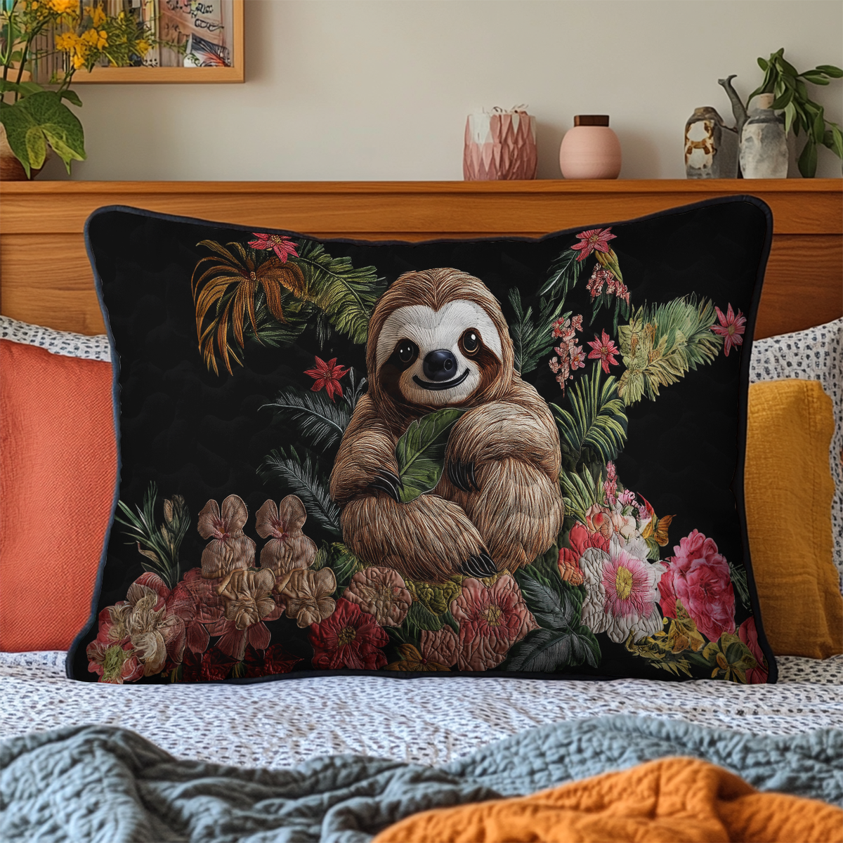 Smiling Sloth quilted pillowcase – smiling sloth among pink flowers