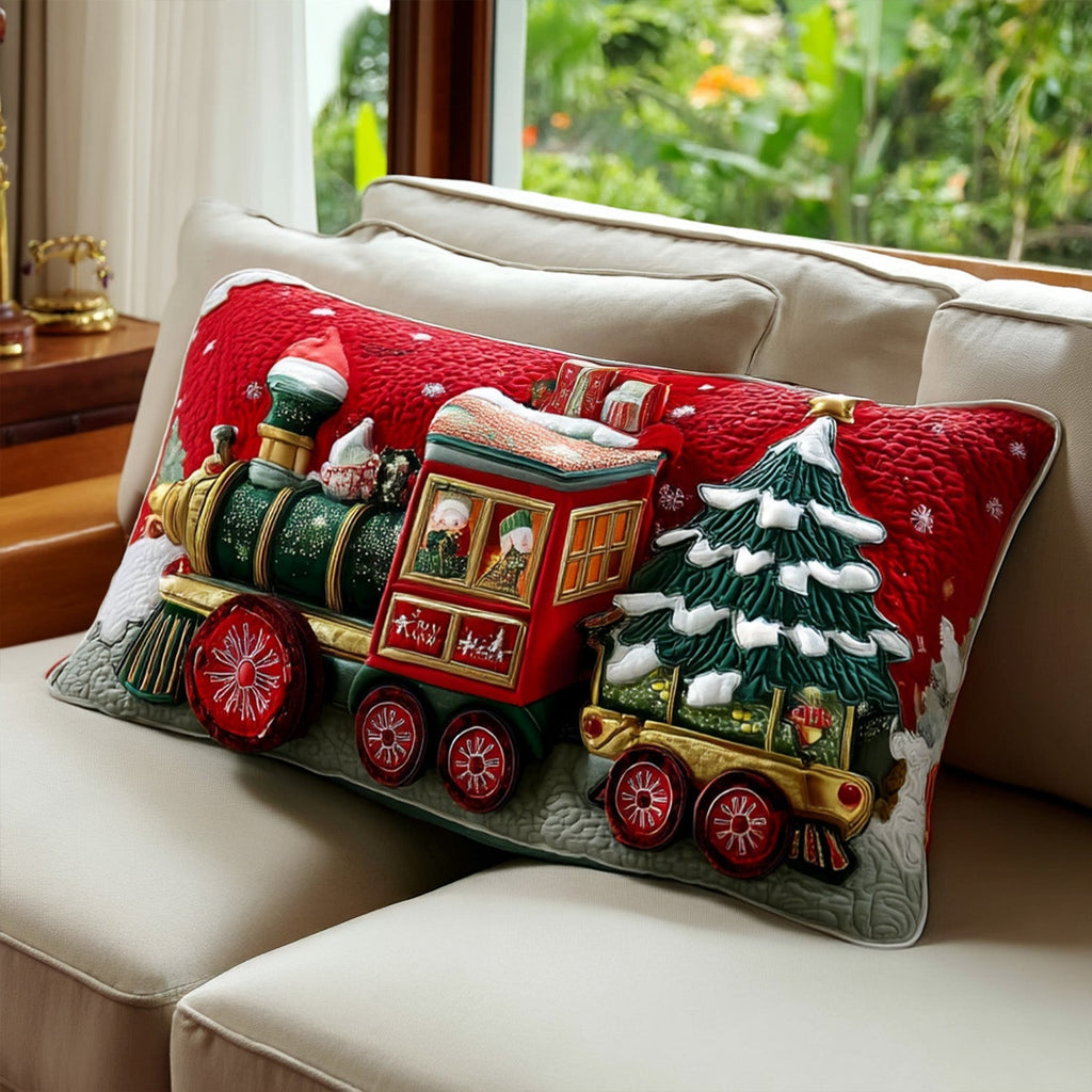 Toy Train and Tree quilted pillowcase – red toy train pulling a Christmas tree