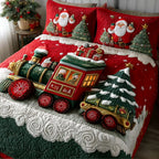 Christmas Toy Train quilted bedspread set – toy train with trees and presents on red