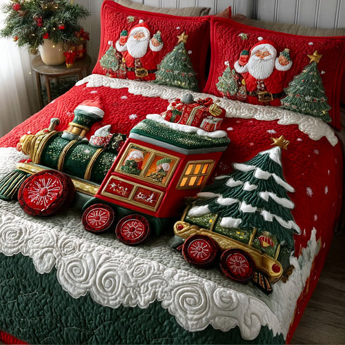 Christmas Toy Train quilted bedspread set – toy train with trees and presents on red