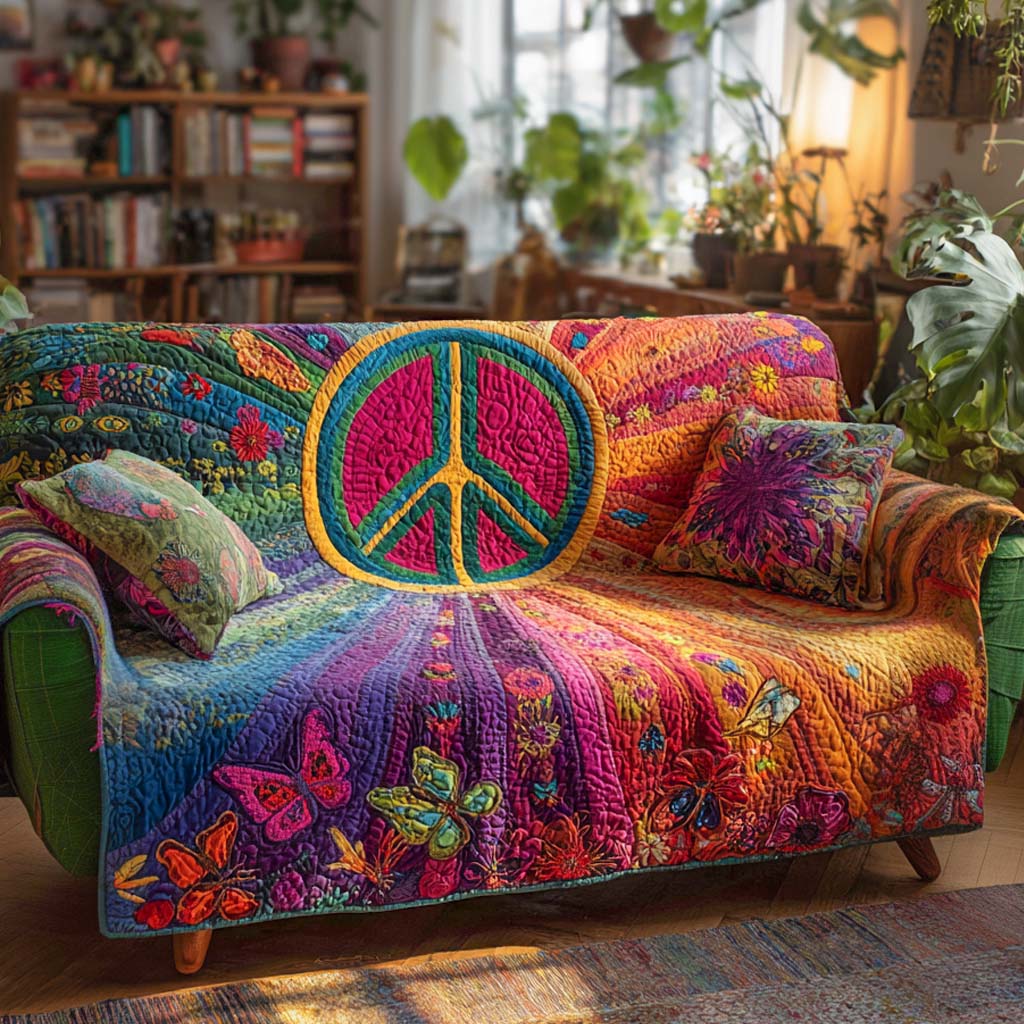 Rainbow Peace Garden quilted sofa cover – peace sign among rainbow flowers