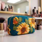 Quilted make-up bag with the Smile Bloom design of round, open sunflowers turning their faces outwards on a bright ground