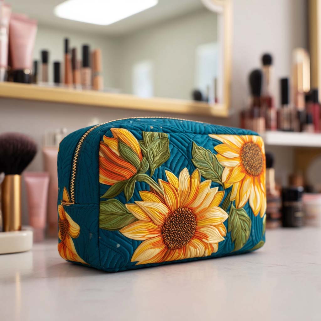 Quilted make-up bag with the Smile Bloom design of round, open sunflowers turning their faces outwards on a bright ground
