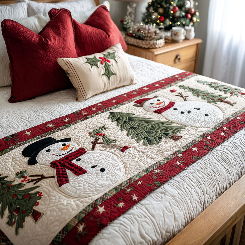 Snowman and Pines quilted bed runner – snowman among pines on cream