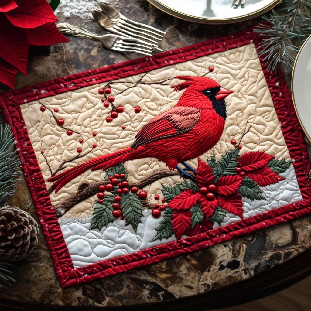Snow Cardinal quilted placemats – cardinal and poinsettia