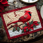 Snow Cardinal quilted placemats – cardinal and poinsettia