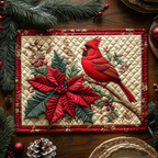 Poinsettia Perch quilted placemats – cardinal beside poinsettia