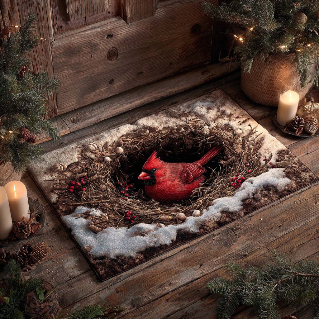 Snow Haven Cardinal doormat – cardinal in snowy nest