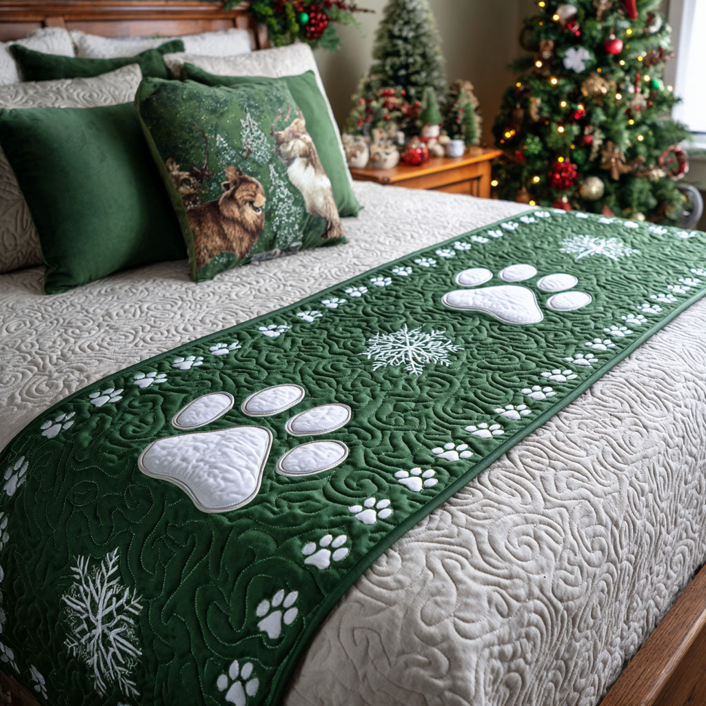 Snowy Paw Prints quilted bed runner – white paw prints and snowflakes on green