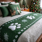 Snowy Paw Prints quilted bed runner – white paw prints and snowflakes on green