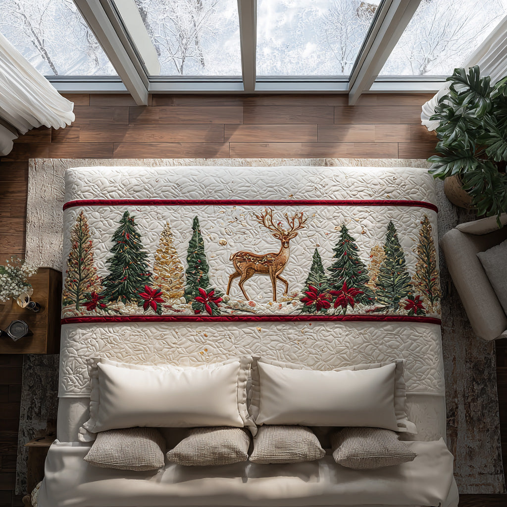 Snowbound Reindeer quilted bed runner – reindeer among snowy pines