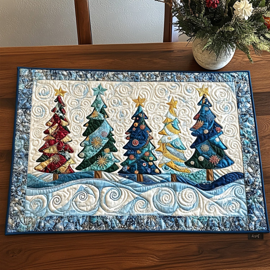 Snowflake Wishes quilted placemats – patterned Christmas trees