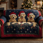 Snowflake Retrievers quilted sofa cover – retrievers in Santa hats on navy