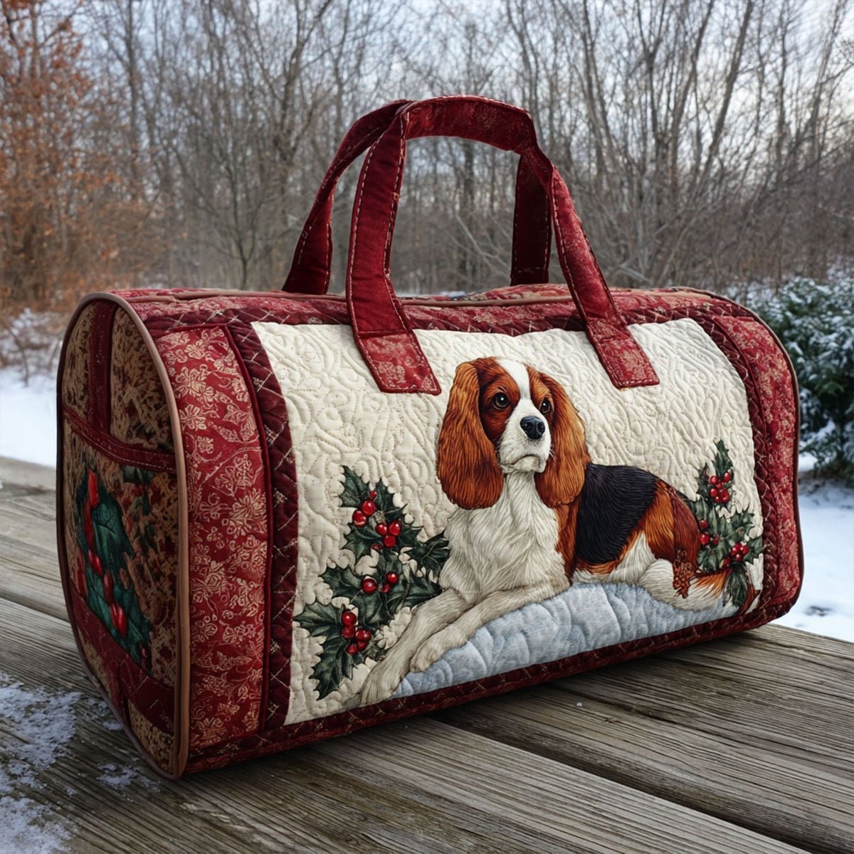 Snowflake Spaniel quilted weekend bag – spaniel with holly