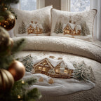 Snowlight Cabin quilted bedspread set – snow-covered cabin on soft white