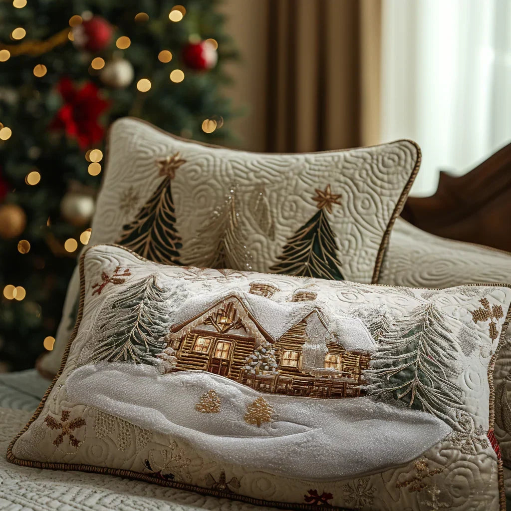Quilted pillowcase with the Snowlight Cabin design of a timber cabin with lit windows on a snowy night and dark pines behind