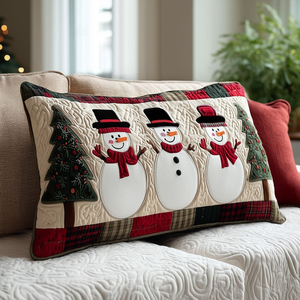 Snowman Trio quilted pillowcase – three snowmen in top hats