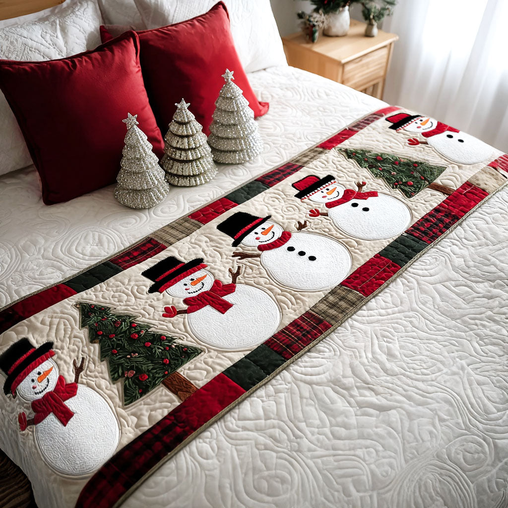 Snowmen and Tartan quilted bed runner – snowmen and trees with red tartan