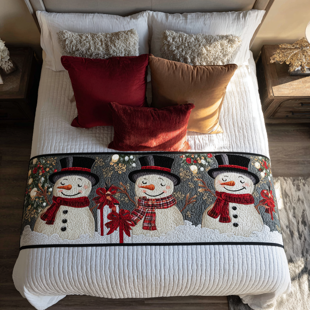 Snowmen in Scarves quilted bed runner – snowmen in red scarves and hats