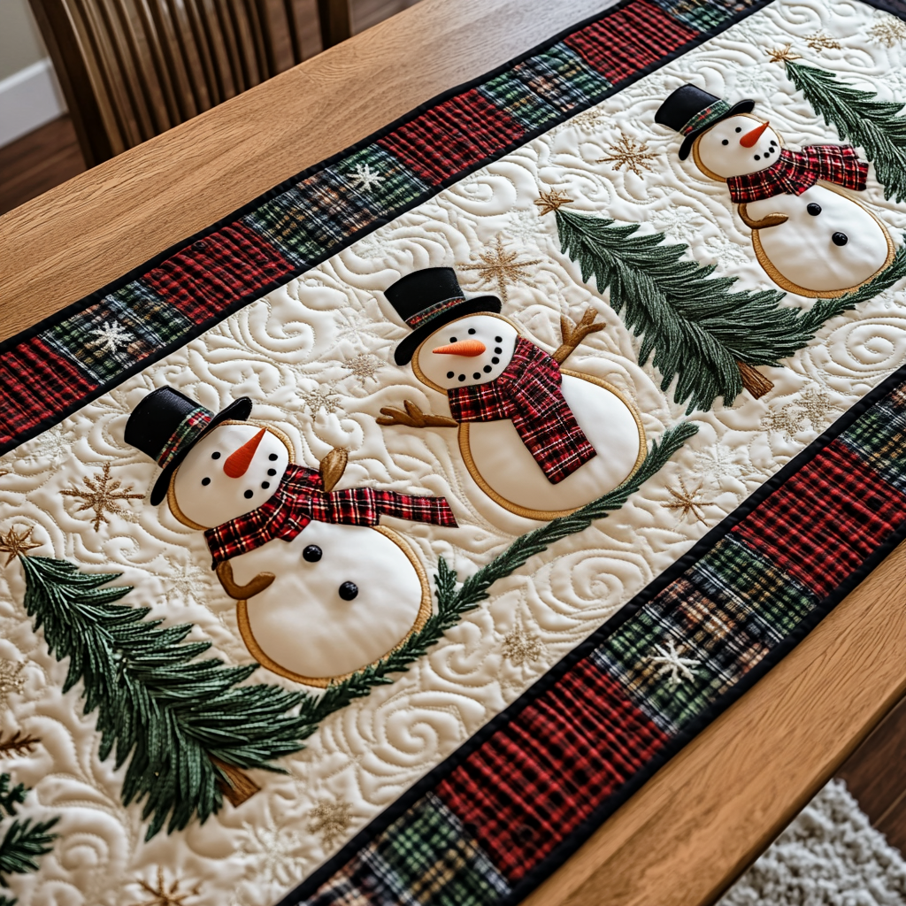 Snowman Tartan Lane quilted table runner – snowmen with tartan borders