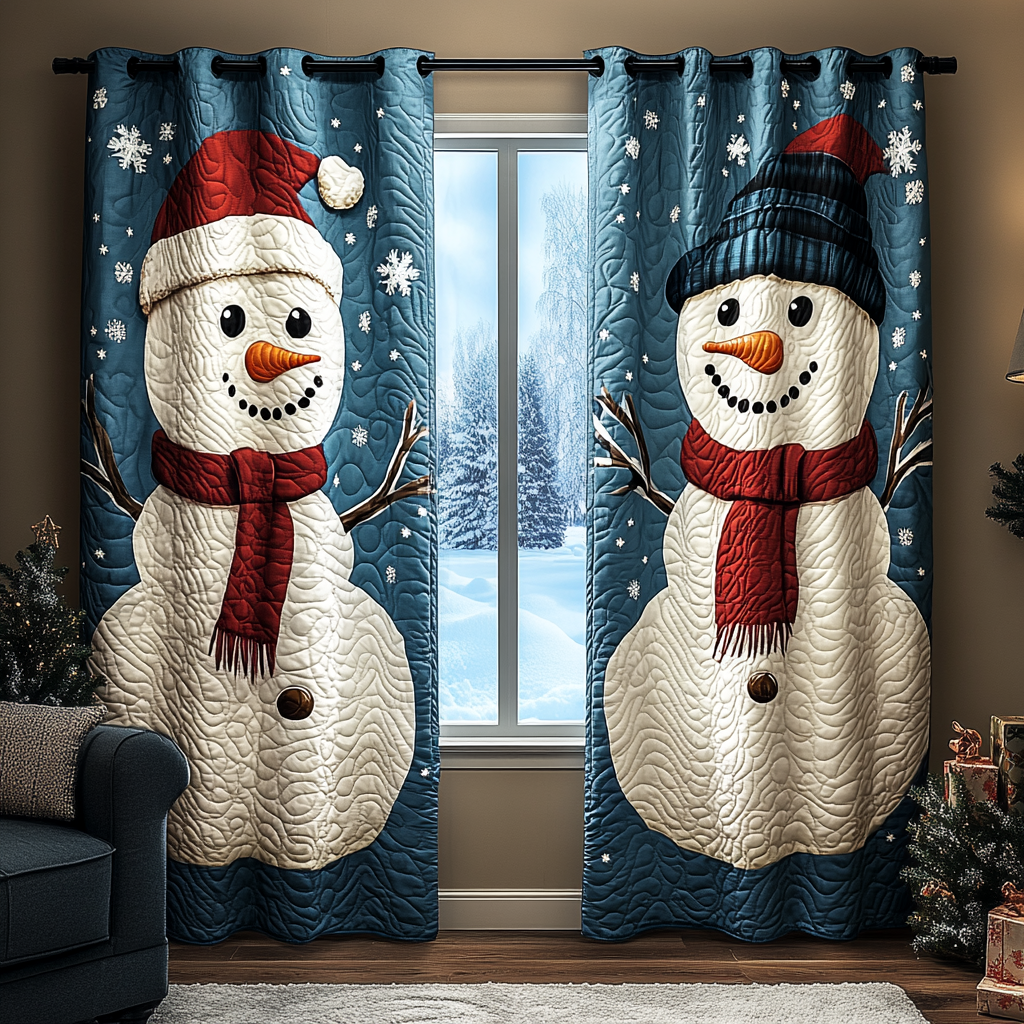 Jolly Snowman Pair quilted curtains – two smiling snowmen on blue