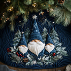 Navy Gnomes quilted Christmas tree skirt – gnomes in navy hats among frosted firs