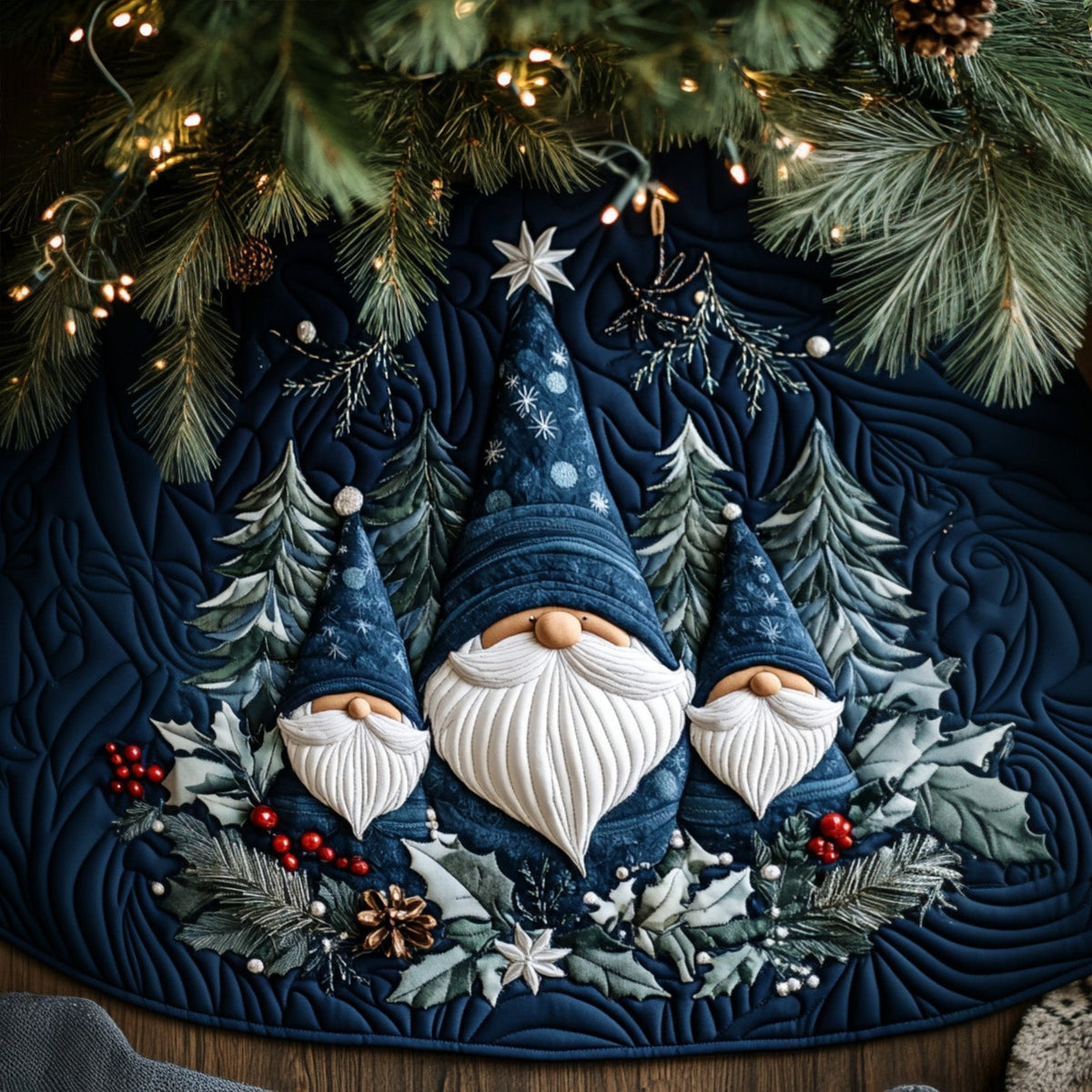 Navy Gnomes quilted Christmas tree skirt – gnomes in navy hats among frosted firs