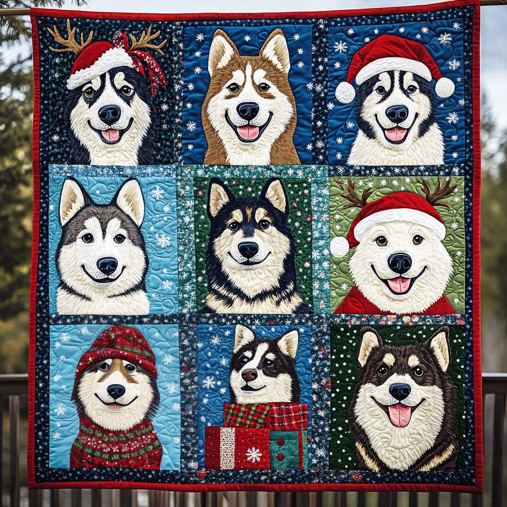Christmas Huskies quilted throw – huskies in Santa hats in blue squares