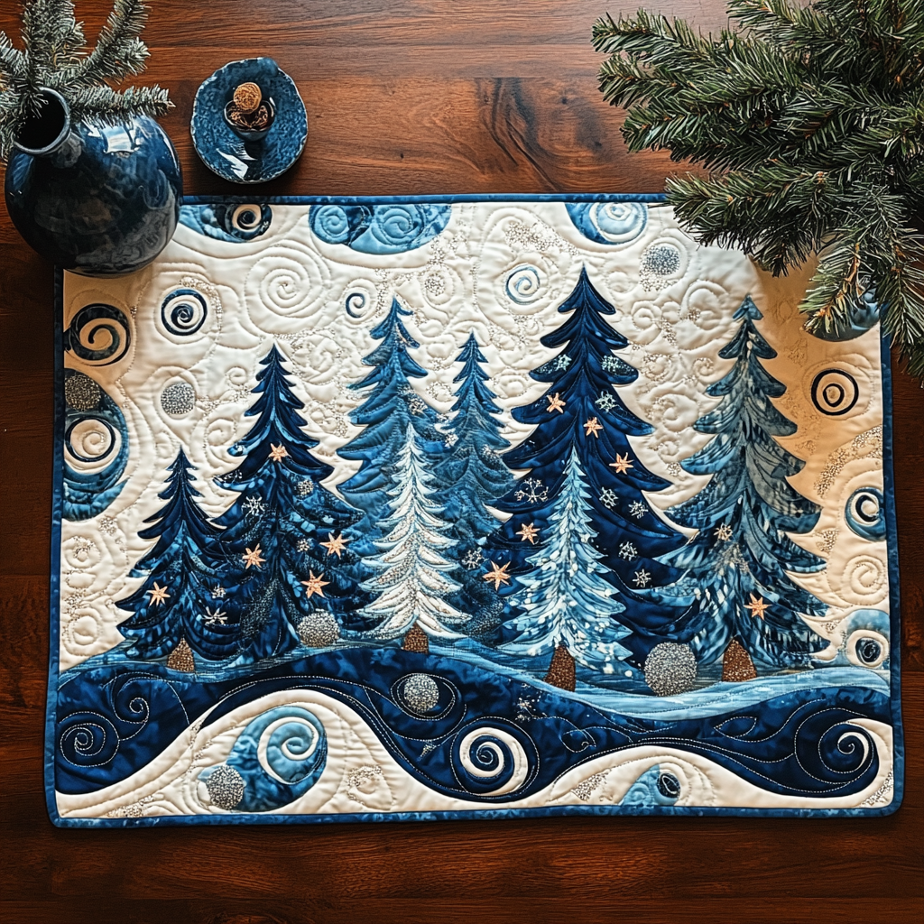 Snowy Pine Delight quilted placemats – blue pine forest
