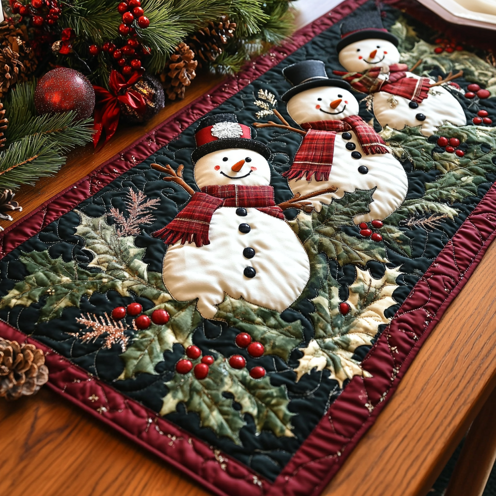 Snowman Holly quilted table runner – snowmen among holly