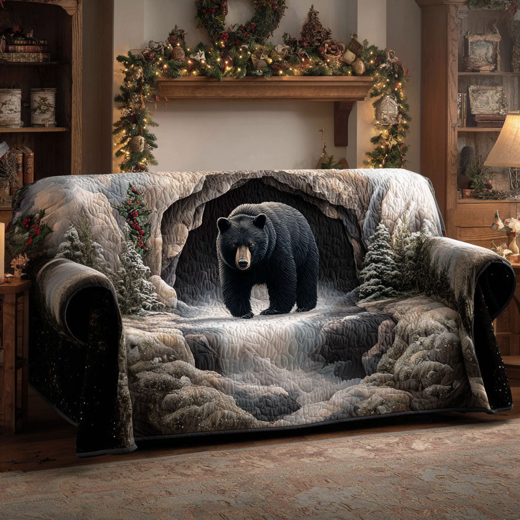 Snowy Black Bear quilted sofa cover – black bear in a snowy cave