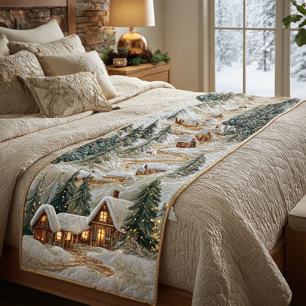 Snowy Cottage quilted bed runner – glowing cottage among snowy pines
