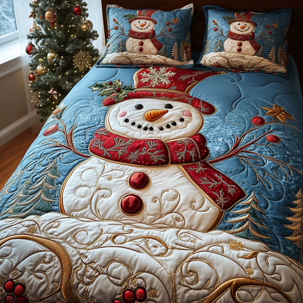 Snowman on Blue quilted bedspread set – snowman in a red hat on soft blue